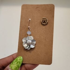Silver Flower Drop Earring with Pearl Accent